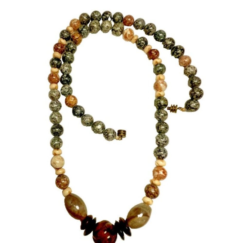 Stone Bead Necklace 32" Picasso Jasper Obsidian‎ Snowflake Amber Pietersite